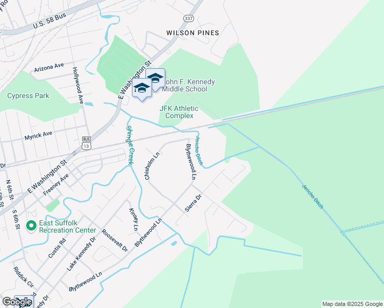 map of restaurants, bars, coffee shops, grocery stores, and more near 1419 Blythewood Lane in Suffolk
