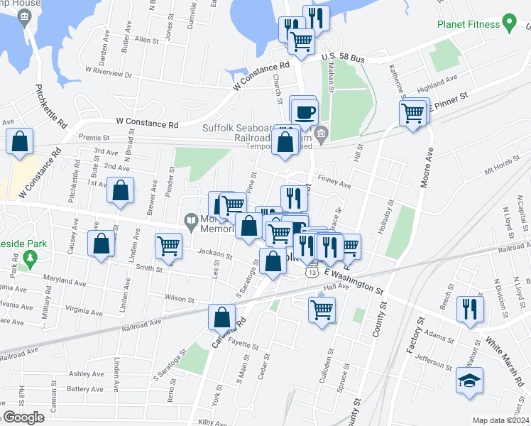 map of restaurants, bars, coffee shops, grocery stores, and more near 215 Market Street in Suffolk