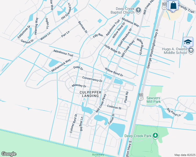 map of restaurants, bars, coffee shops, grocery stores, and more near 3228 Conservancy Drive in Chesapeake