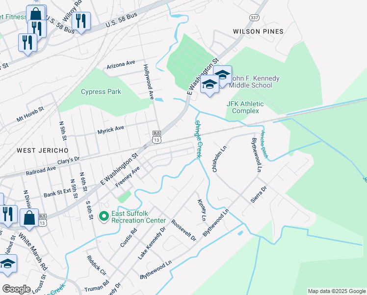 map of restaurants, bars, coffee shops, grocery stores, and more near 2088 Freeney Avenue in Suffolk
