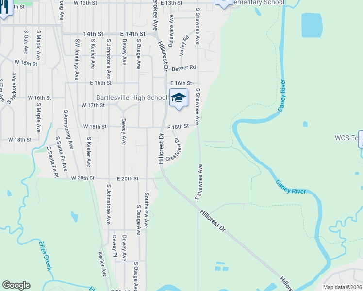 map of restaurants, bars, coffee shops, grocery stores, and more near 1910 Crestview Drive in Bartlesville