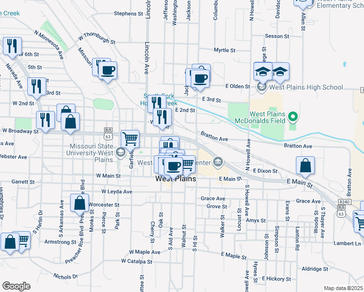 map of restaurants, bars, coffee shops, grocery stores, and more near 248-298 East Broadway Street in West Plains