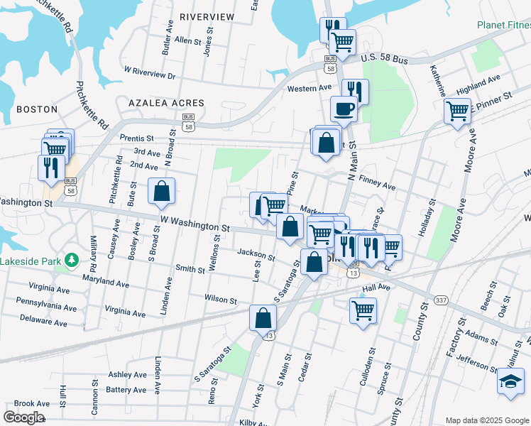 map of restaurants, bars, coffee shops, grocery stores, and more near 123 Chestnut Street in Suffolk