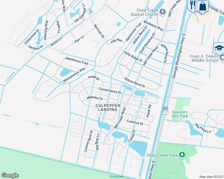 map of restaurants, bars, coffee shops, grocery stores, and more near 3244 Conservancy Drive in Chesapeake