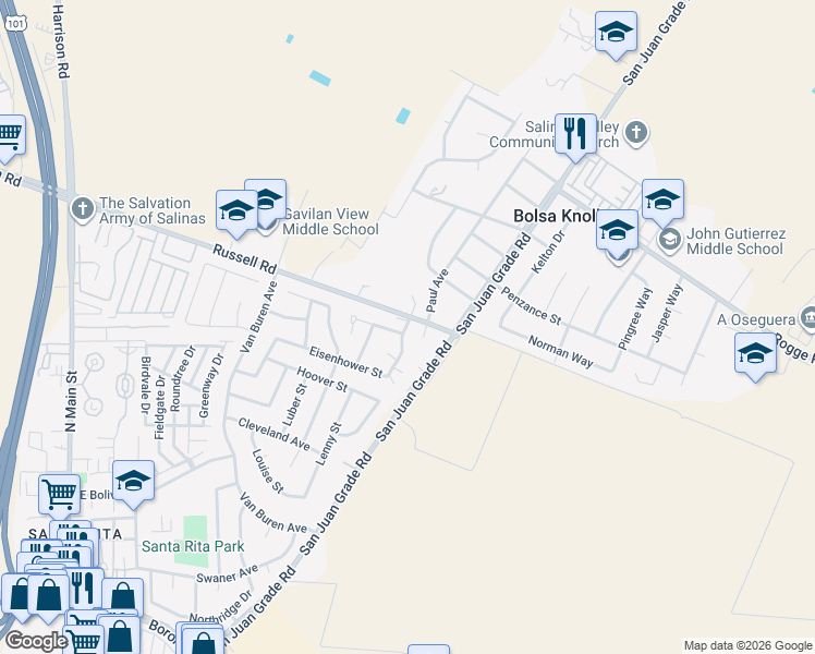 map of restaurants, bars, coffee shops, grocery stores, and more near 84 Russell Road in Salinas