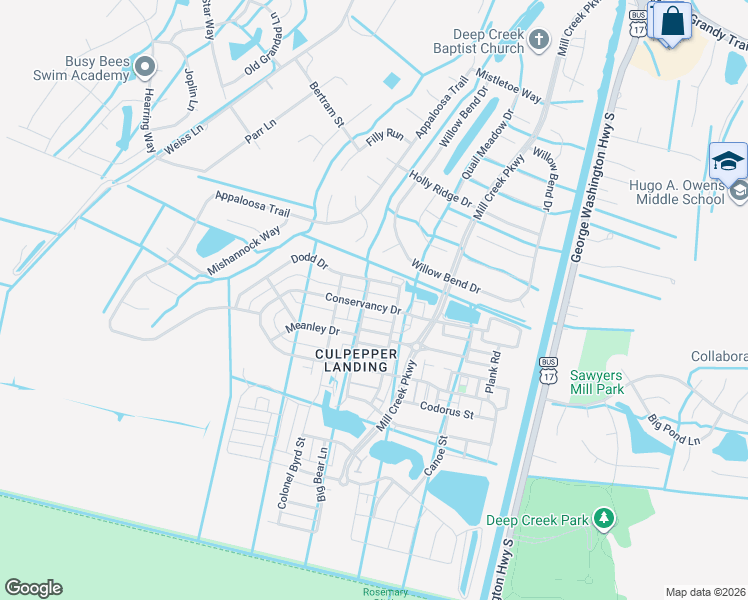 map of restaurants, bars, coffee shops, grocery stores, and more near 3244 Conservancy Drive in Chesapeake