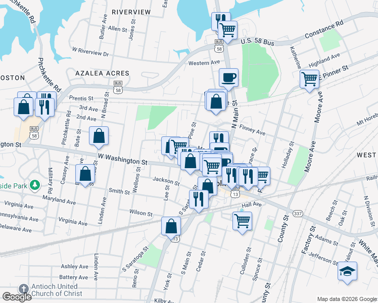 map of restaurants, bars, coffee shops, grocery stores, and more near 160 Pine Street in Suffolk