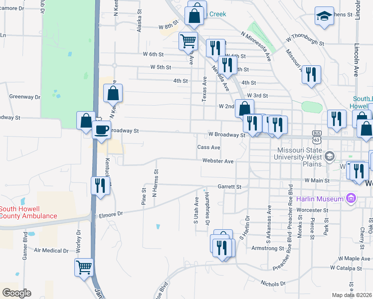 map of restaurants, bars, coffee shops, grocery stores, and more near 217 North Utah Street in West Plains
