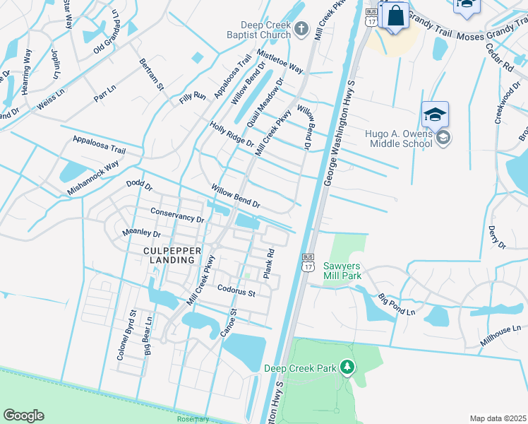 map of restaurants, bars, coffee shops, grocery stores, and more near 536 Willow Bend Drive in Chesapeake