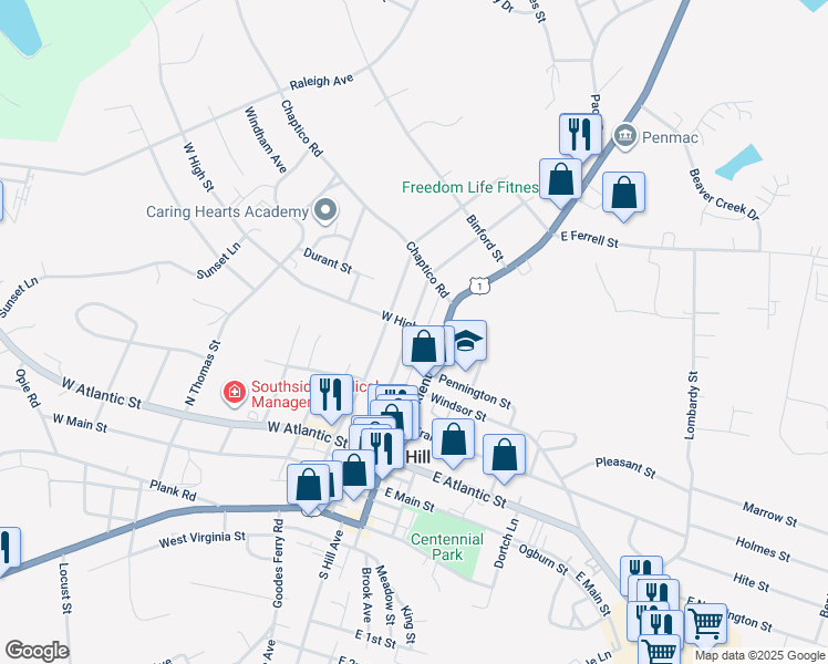 map of restaurants, bars, coffee shops, grocery stores, and more near 501 North Mecklenburg Avenue in South Hill