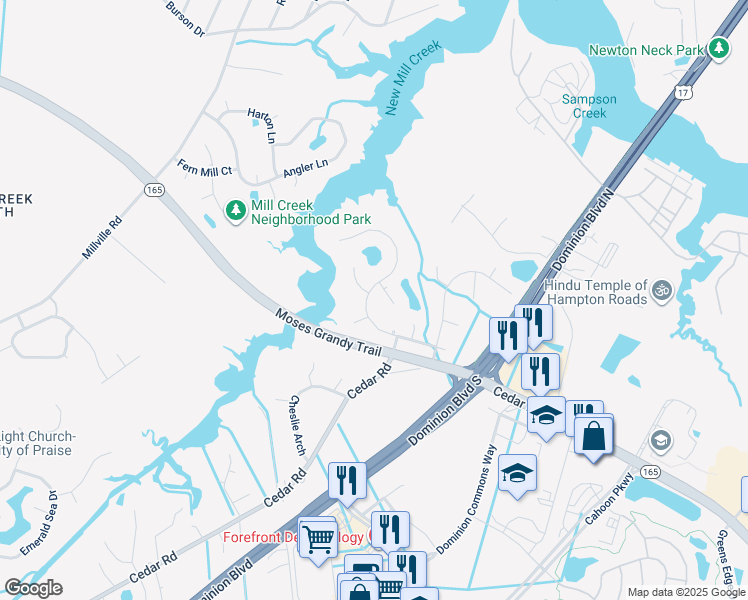 map of restaurants, bars, coffee shops, grocery stores, and more near 1904 Lancing Crest Lane in Chesapeake