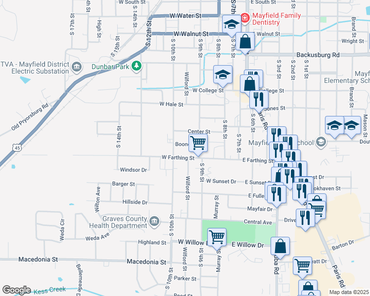 map of restaurants, bars, coffee shops, grocery stores, and more near 320 Boone Street in Mayfield