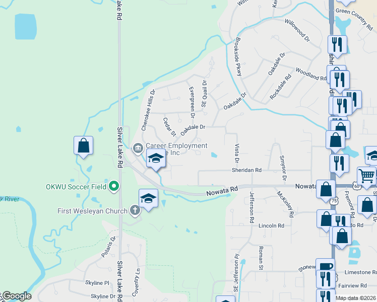 map of restaurants, bars, coffee shops, grocery stores, and more near 2655 Evergreen Drive in Bartlesville