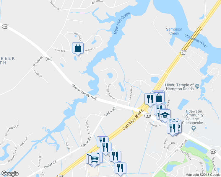 map of restaurants, bars, coffee shops, grocery stores, and more near 1904 Lancing Crest Lane in Chesapeake