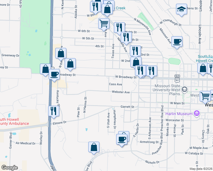 map of restaurants, bars, coffee shops, grocery stores, and more near 217 North Utah Street in West Plains