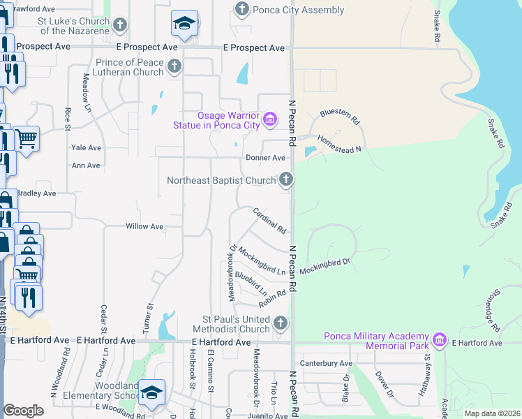 map of restaurants, bars, coffee shops, grocery stores, and more near 2400 Cardinal Road in Ponca City