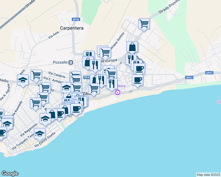map of restaurants, bars, coffee shops, grocery stores, and more near 41 Via Carlo Pisacane in Pozzallo