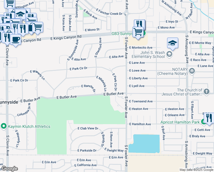 map of restaurants, bars, coffee shops, grocery stores, and more near 5981 East Midwick Lane in Fresno