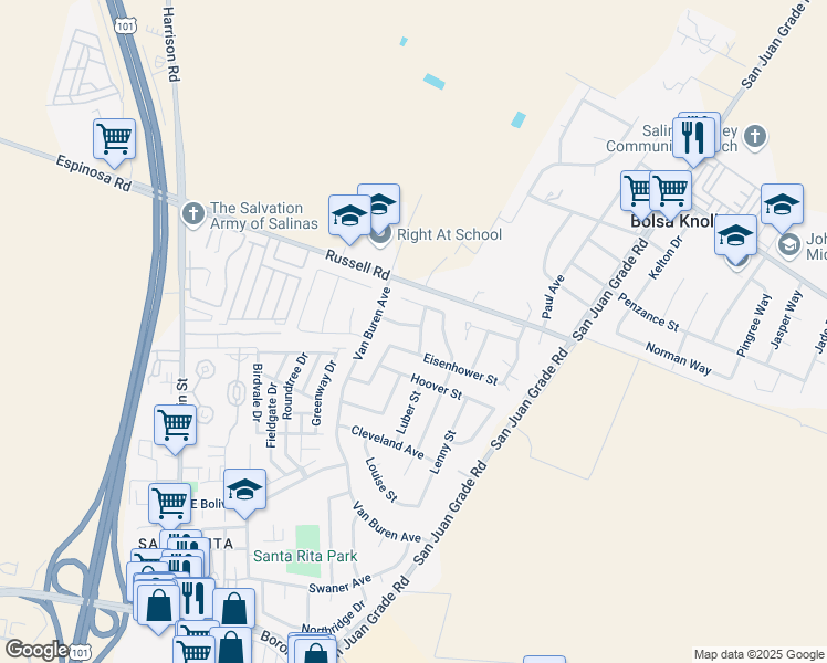 map of restaurants, bars, coffee shops, grocery stores, and more near 12919 Truman Street in Salinas