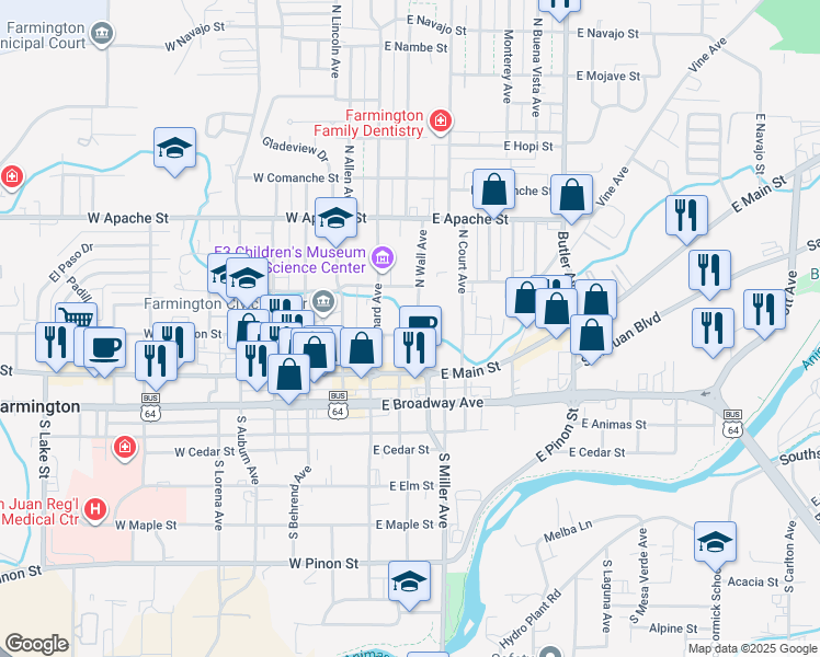 map of restaurants, bars, coffee shops, grocery stores, and more near 110 E Arrington St in Farmington