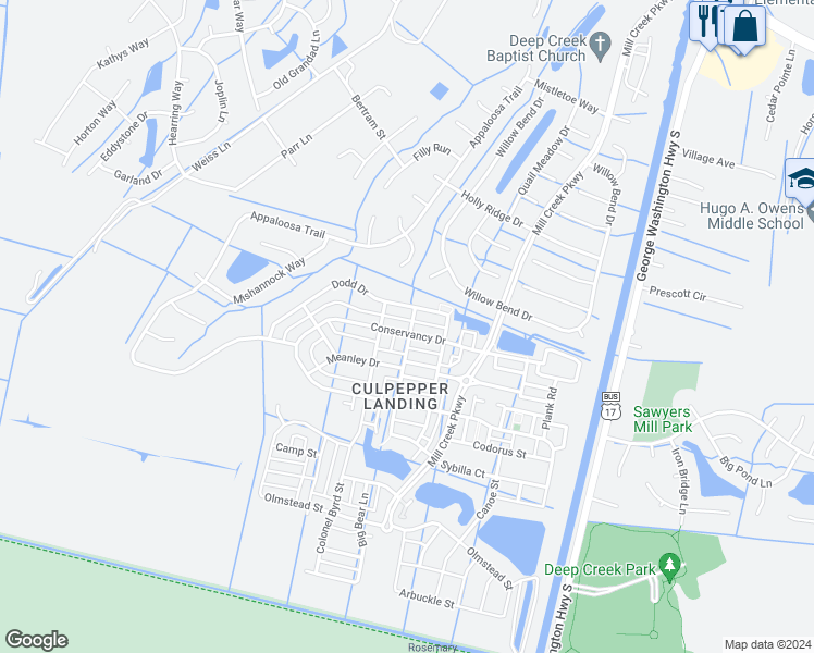 map of restaurants, bars, coffee shops, grocery stores, and more near 3248 Conservancy Drive in Chesapeake