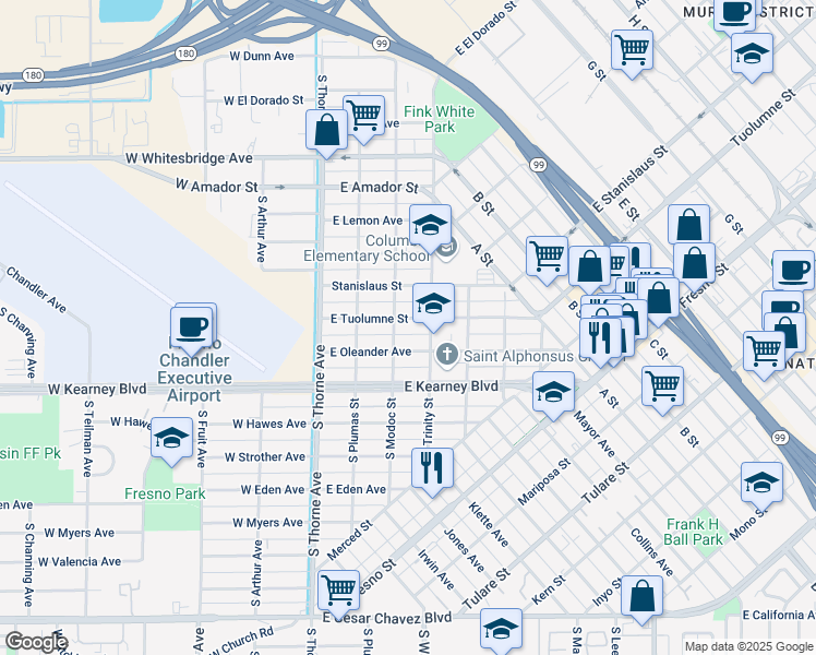 map of restaurants, bars, coffee shops, grocery stores, and more near 220 East Tuolumne Street in Fresno