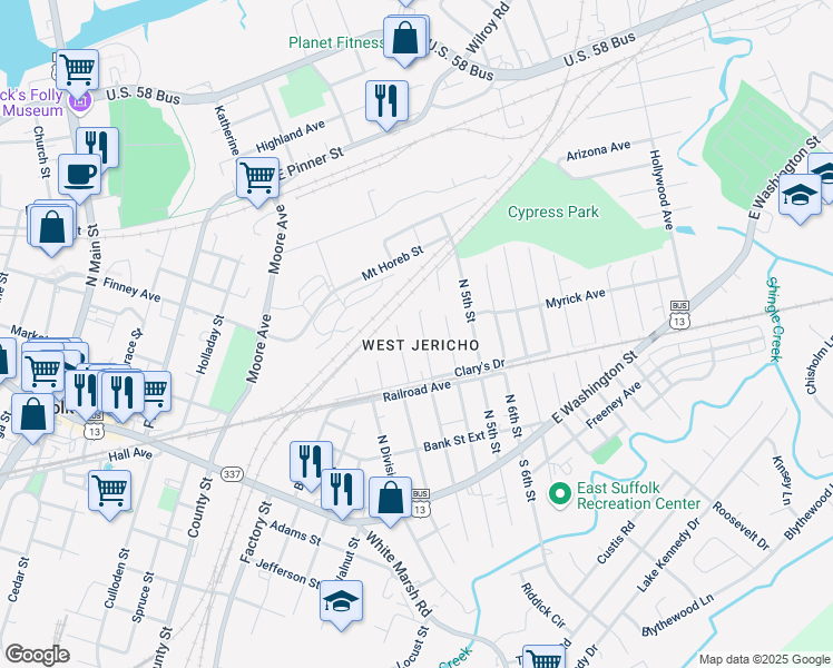 map of restaurants, bars, coffee shops, grocery stores, and more near 318 North Capitol Street in Suffolk