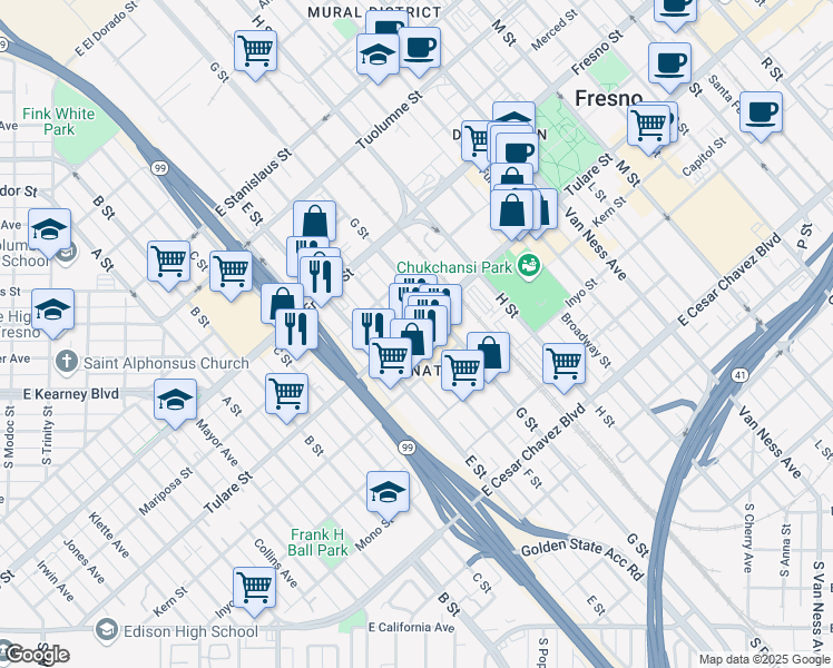 map of restaurants, bars, coffee shops, grocery stores, and more near 970 F Street in Fresno