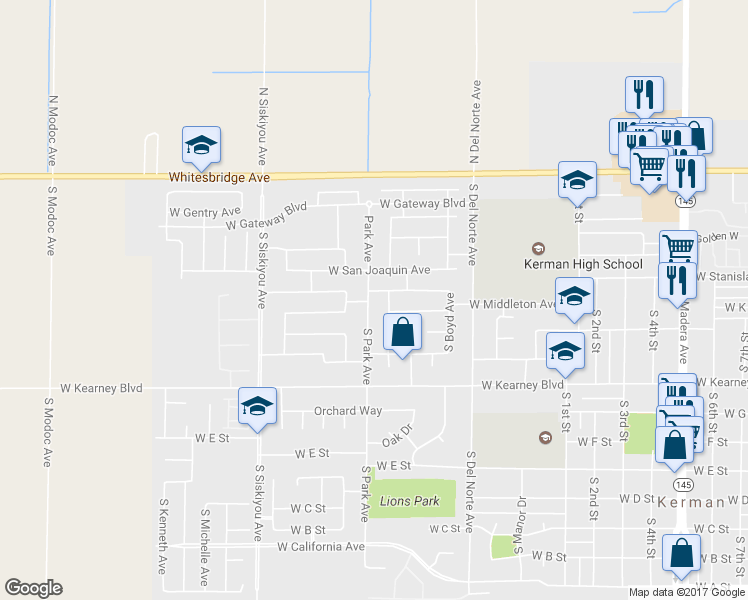 map of restaurants, bars, coffee shops, grocery stores, and more near 350 Park Avenue in Kerman