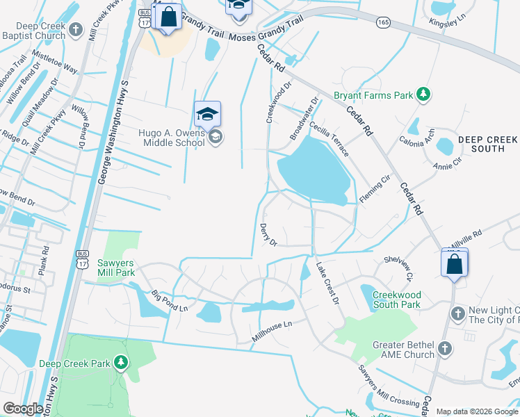 map of restaurants, bars, coffee shops, grocery stores, and more near 2716 Derry Drive in Chesapeake