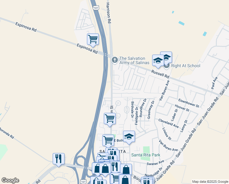 map of restaurants, bars, coffee shops, grocery stores, and more near 2330 North Main Street in Salinas