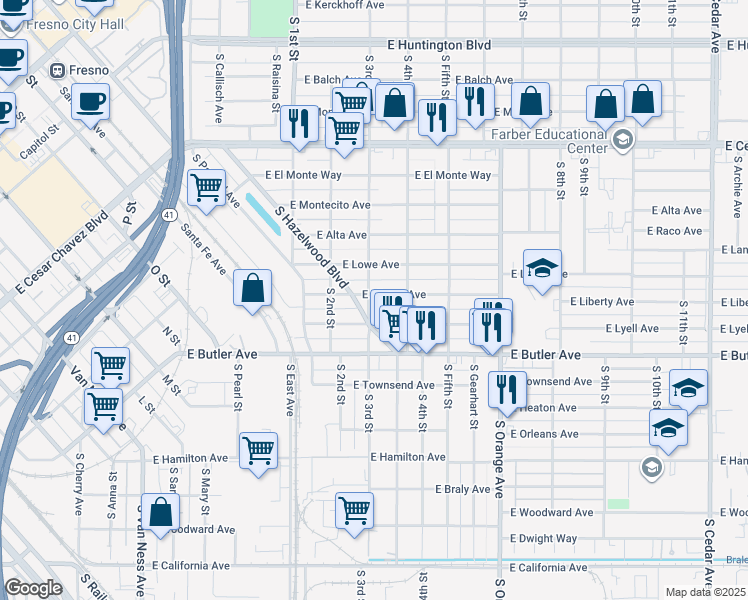 map of restaurants, bars, coffee shops, grocery stores, and more near 1201 S 3rd St in Fresno