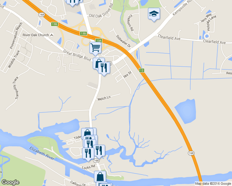 map of restaurants, bars, coffee shops, grocery stores, and more near 127 Welch Lane in Chesapeake