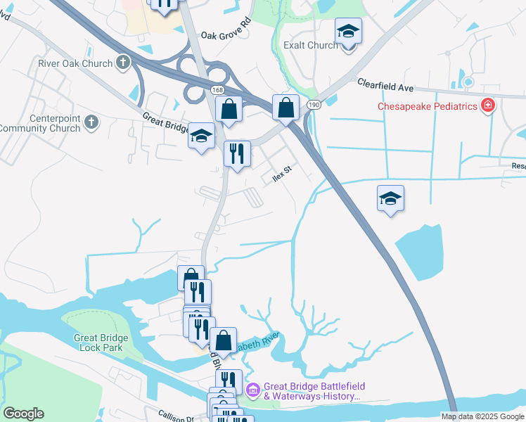 map of restaurants, bars, coffee shops, grocery stores, and more near 127 Welch Lane in Chesapeake