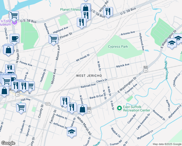 map of restaurants, bars, coffee shops, grocery stores, and more near 318 North Capital Street in Suffolk