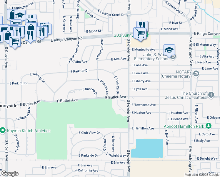 map of restaurants, bars, coffee shops, grocery stores, and more near 5981 East Midwick Lane in Fresno