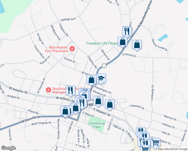 map of restaurants, bars, coffee shops, grocery stores, and more near 501 North Mecklenburg Avenue in South Hill