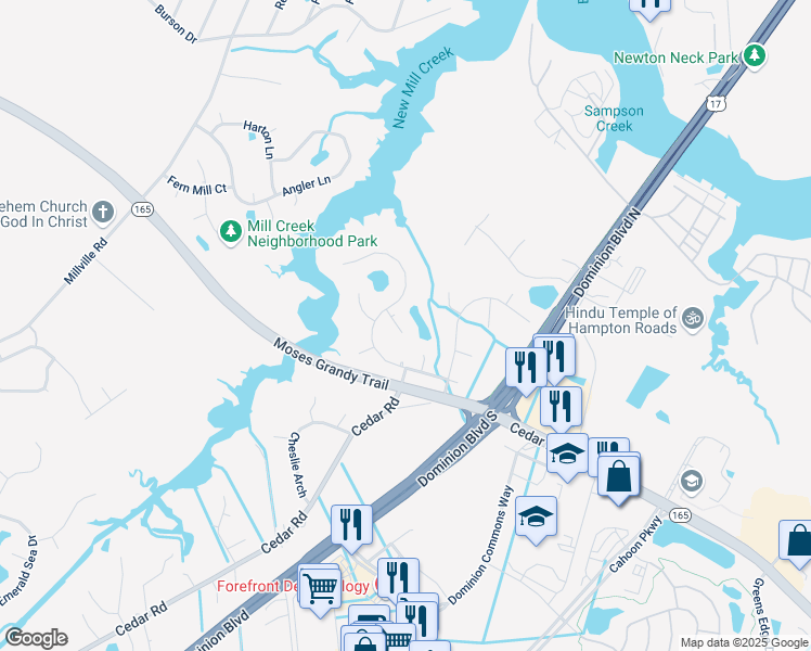 map of restaurants, bars, coffee shops, grocery stores, and more near 405 Elliston Way in Chesapeake