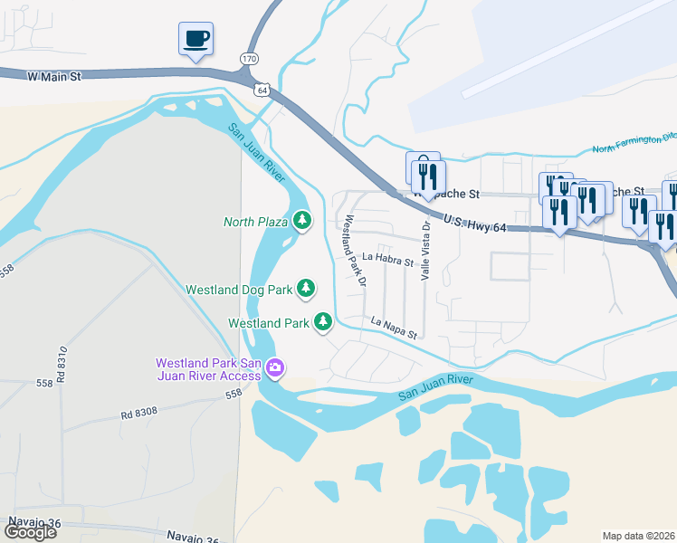 map of restaurants, bars, coffee shops, grocery stores, and more near 2904 La Palma Place in Farmington