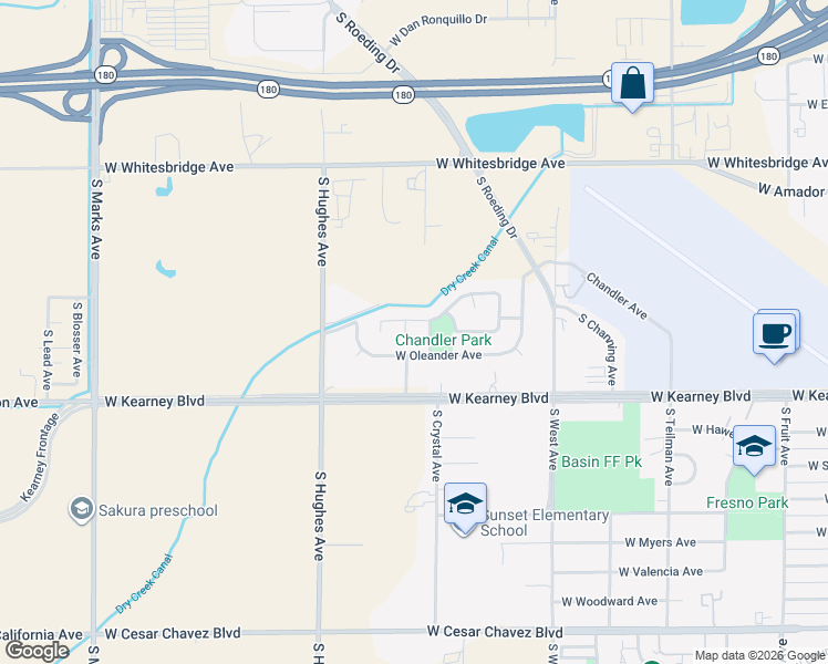 map of restaurants, bars, coffee shops, grocery stores, and more near 1817 West La Sierra Drive in Fresno