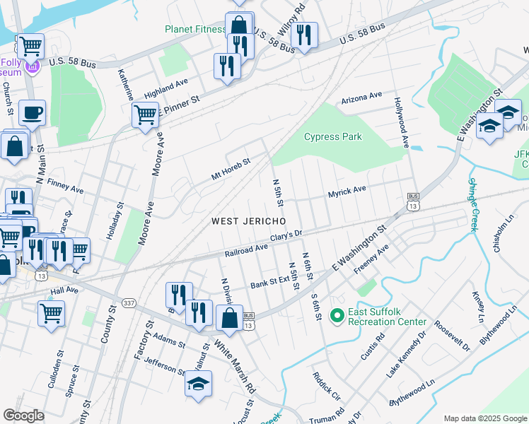 map of restaurants, bars, coffee shops, grocery stores, and more near 315 North 4th Street in Suffolk