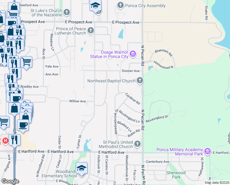 map of restaurants, bars, coffee shops, grocery stores, and more near 2220 Cardinal Road in Ponca City