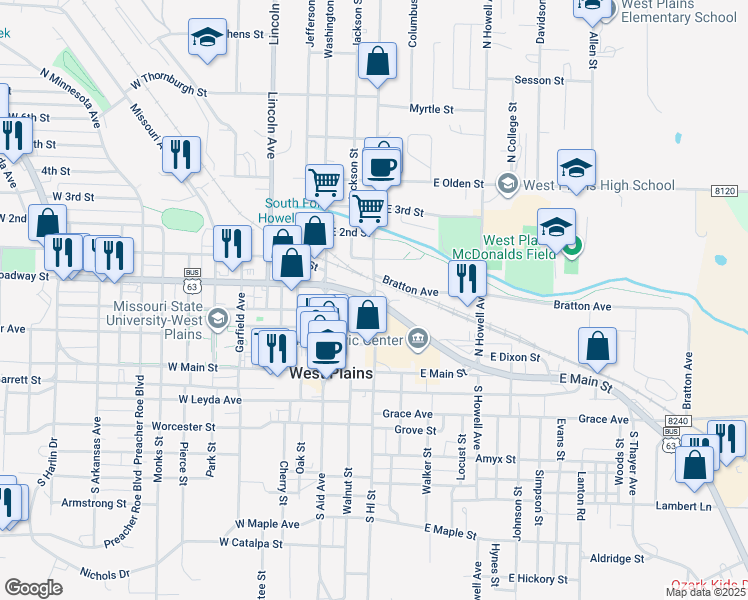 map of restaurants, bars, coffee shops, grocery stores, and more near 298 East Broadway Street in West Plains