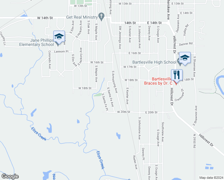 map of restaurants, bars, coffee shops, grocery stores, and more near 1900 South Santa Fe Avenue in Bartlesville