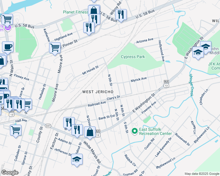 map of restaurants, bars, coffee shops, grocery stores, and more near 311 North 5th Street in Suffolk
