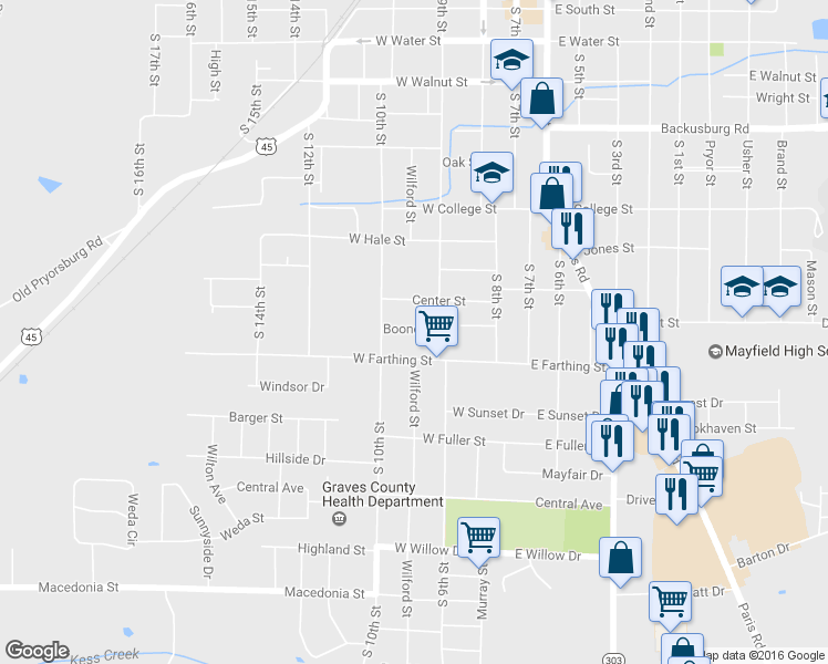 map of restaurants, bars, coffee shops, grocery stores, and more near 320 Boone Street in Mayfield