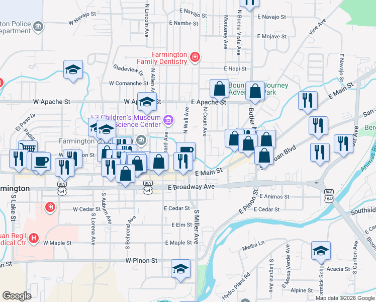map of restaurants, bars, coffee shops, grocery stores, and more near 110 East Arrington Street in Farmington