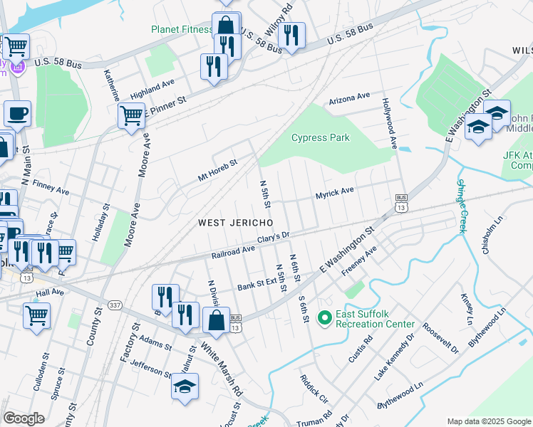 map of restaurants, bars, coffee shops, grocery stores, and more near 311 North 5th Street in Suffolk