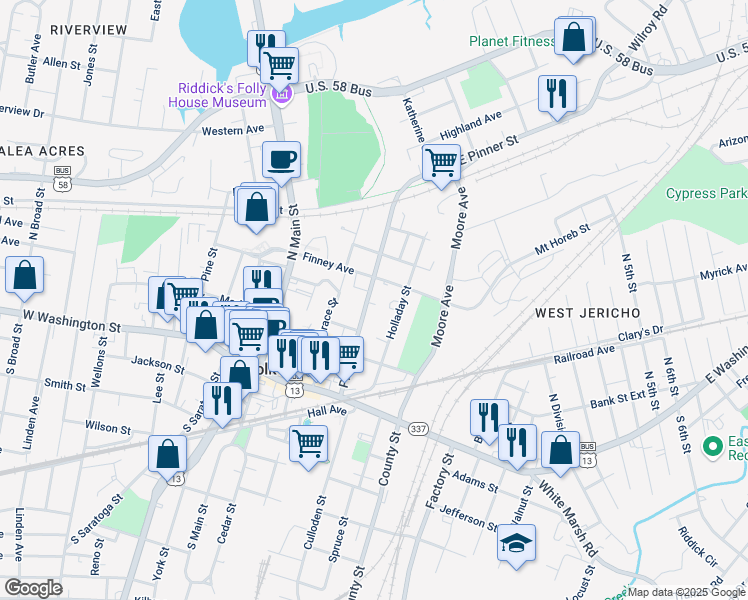 map of restaurants, bars, coffee shops, grocery stores, and more near 228 Pinner Street in Suffolk
