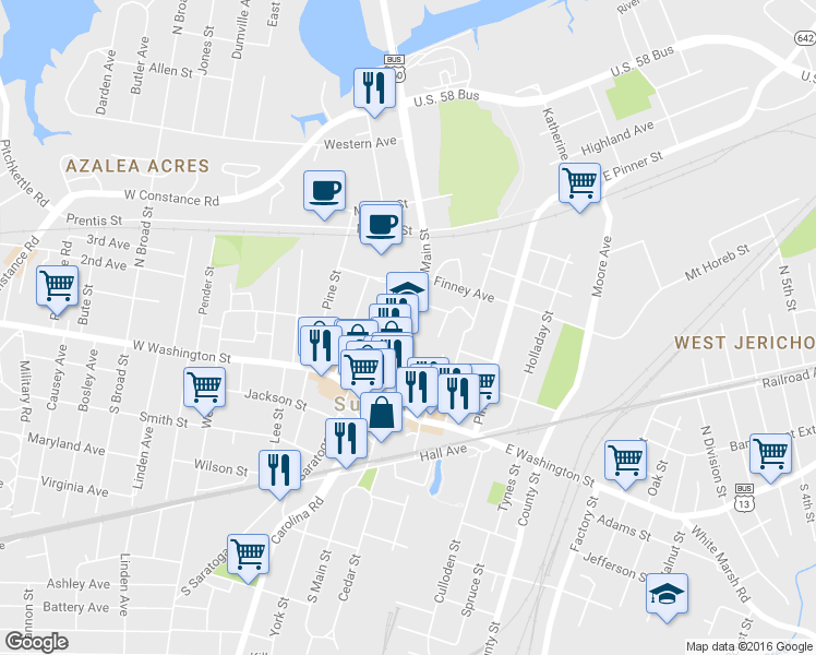 map of restaurants, bars, coffee shops, grocery stores, and more near 215 North Main Street in Suffolk